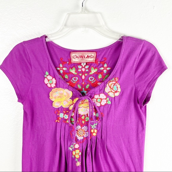 JOHNNY WAS Fuchsia Floral Embroidered Jersey Knit V-Neck Pockets Tunic Top XS - Picture 6 of 10